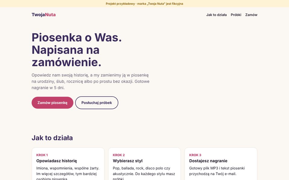 Landing page sklepu z piosenkami na zamówienie