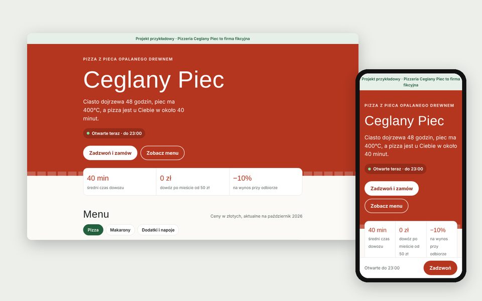 Strona wizytówka pizzerii z menu i godzinami otwarcia