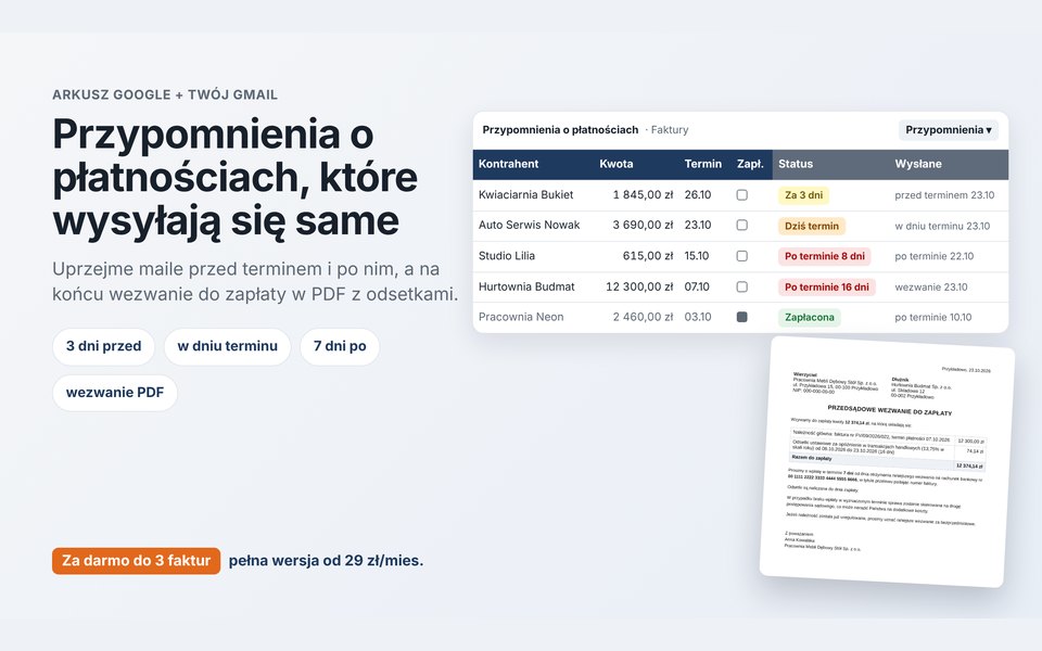 Arkusz Google z przypomnieniami o płatnościach i wezwaniem do zapłaty w PDF