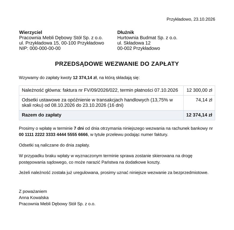 Przykładowe przedsądowe wezwanie do zapłaty w PDF z należnością główną, odsetkami i sumą do zapłaty